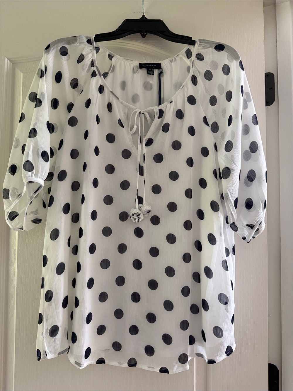 Polka Dot Tie-Neck Peasant Blouse - White/Black